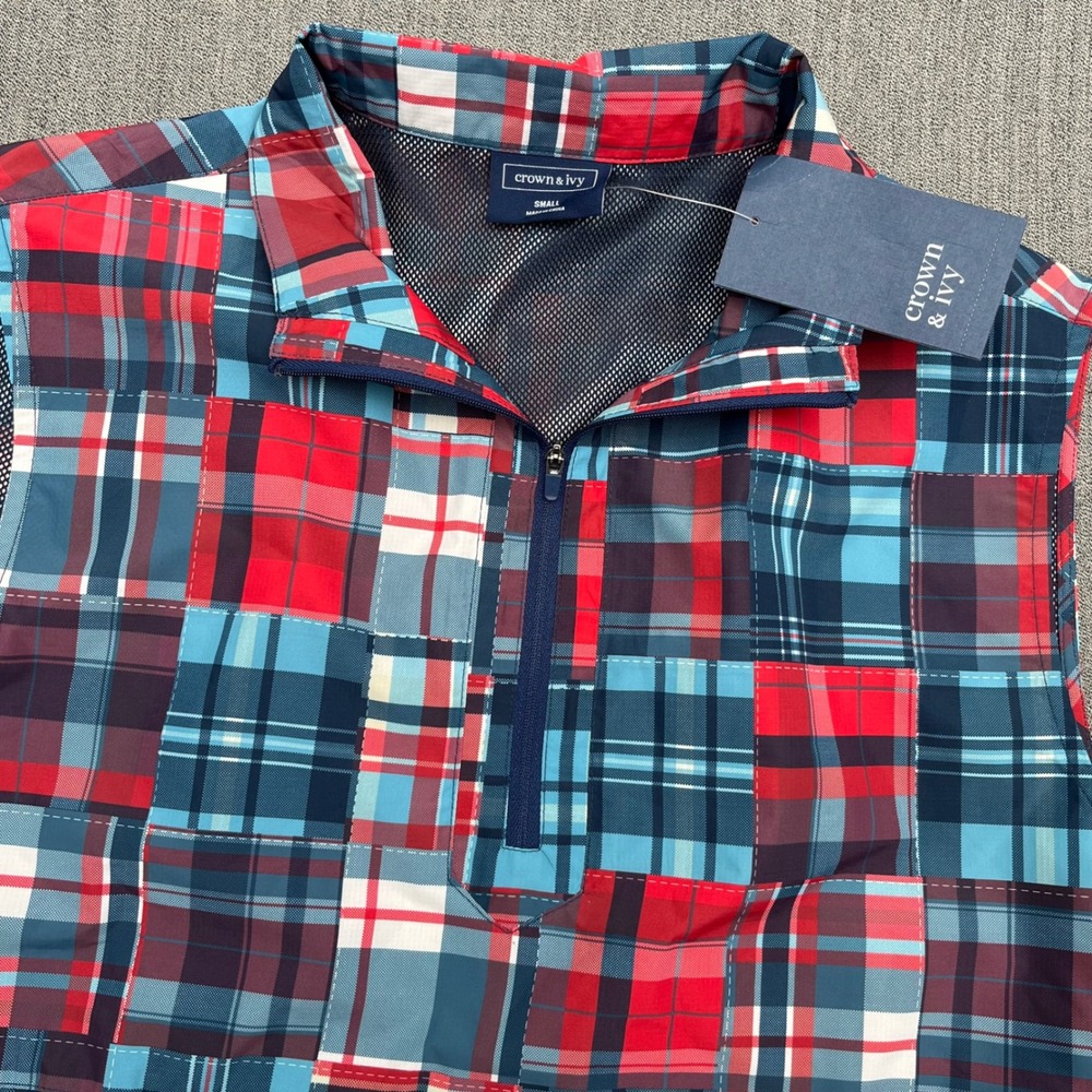 Crown & Ivy Mens Patchwork Plaid Golf Vest Red Blue Quarter Zip Small NWT - Picture 8 of 12